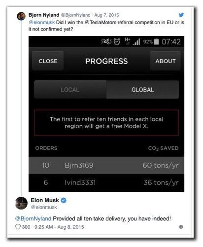 Bjorn Nyland jadi orang yang pertama dapat refer 10 orang pembeli. So dia dapat $10K credit, $10K bonus, FREE Founder Edition Model X, dan lawatan ke Tesla Gigafactory.Bukan dia sorang je.Ben Sullins pun dpt. Bukan 1 tapi 2 roadsters FREE! Berapa new customer yang dia refer?