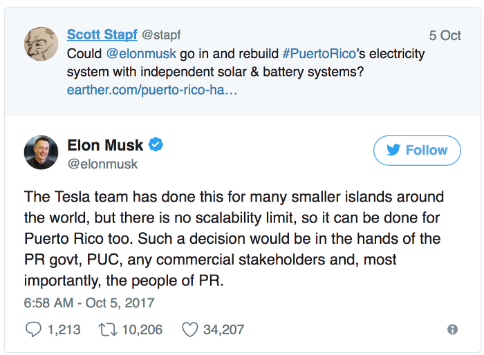 Jadi ada sorang netizen mention Elon Musk dan cadangkan untuk rebuild electricity system dekat sana guna independent solar & battery systems.Elon Musk reply yang Tesla boleh bantu dengan sokongan beberapa org.20 hari selepas itu Tesla mulakan kerja mereka di Puerto Rico.