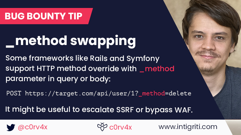 intigriti's tweet photo. We've seen @c0rv4x put this #BugBountyTip into practice a few times and we're amazed! If you're testing rails or symfony apps, keep this in mind! #BugBountyTips https://t.co/iJ8nHnVYo1