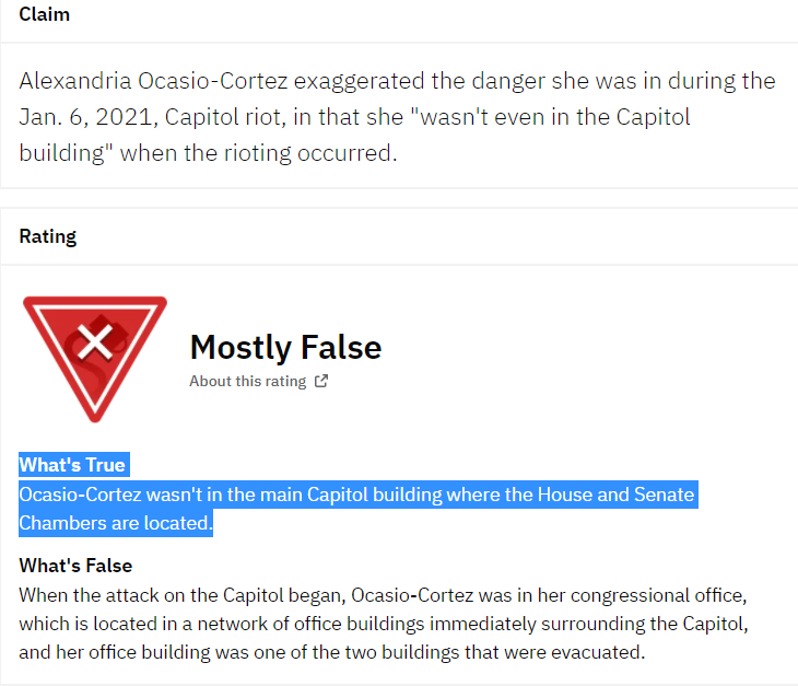 We can now reasonably conclude AOC exaggerated her Capitol attack storyAs we can see from numerous videos of the evacuation most people were calmly milling about more confused than anythingSnopes runs "fact check" claiming an opinion is false to defend her