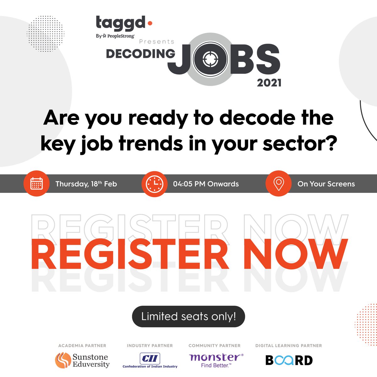 _taggd's tweet image. Don’t miss out on your chance to prepare yourself for the future of jobs. Become a part of one of India’s most exclusive and engaging summit on the job landscape. Register now for #DecodingJobs2021: bit.ly/3rkp85v