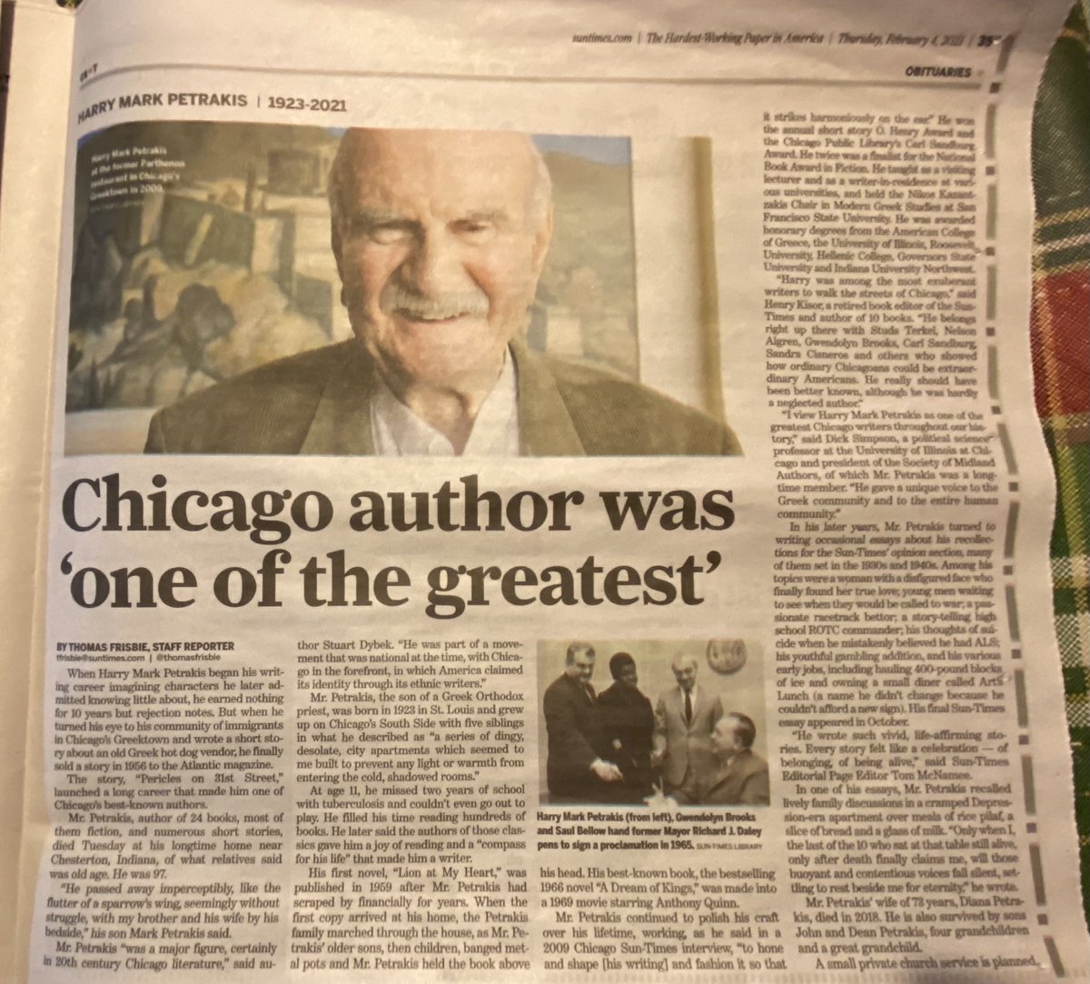 thomasfrisbie's tweet image. Harry Mark Petrakis, who has died at 97, was a luminary on Chicago’s literary scene for decades. chicago.suntimes.com/platform/amp/2… ⁦@midlandauthors⁩