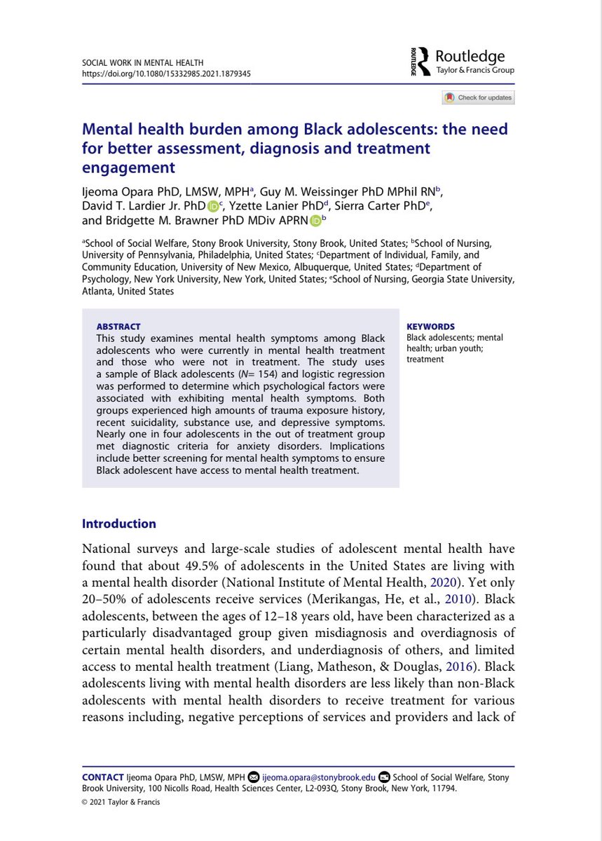New article alert! We emphasize the importance of mental health screening &amp; access for Black adolescents.

BIG shoutout to the PI <a href="/DrBMBrawner/">Bridgette M. (Brawner) Rice, PhD, MDiv, APRN, FAAN</a> of her <a href="/CDCgov/">CDC</a> funded study and to co-authors <a href="/DrSCarter1/">Sierra Carter</a> <a href="/DTLardierJrPHD/">Dr. David Lardier</a> 

 #protectBlackyouth

tandfonline.com/doi/full/10.10…
