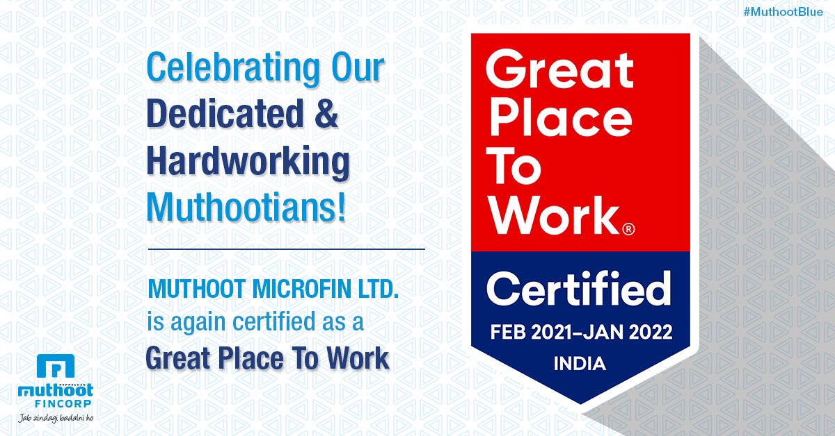 MuthootIndia's tweet photo. Muthoot Microfin Ltd. is proud to be certified as a Great Place to Work yet again! 

This one goes out to our dedicated and consistently motivated team - it is you, who undoubtedly make us a great place to work. Here's to more incredible achievements, together. 

#MuthootBlue https://t.co/CGD8G9S4QP