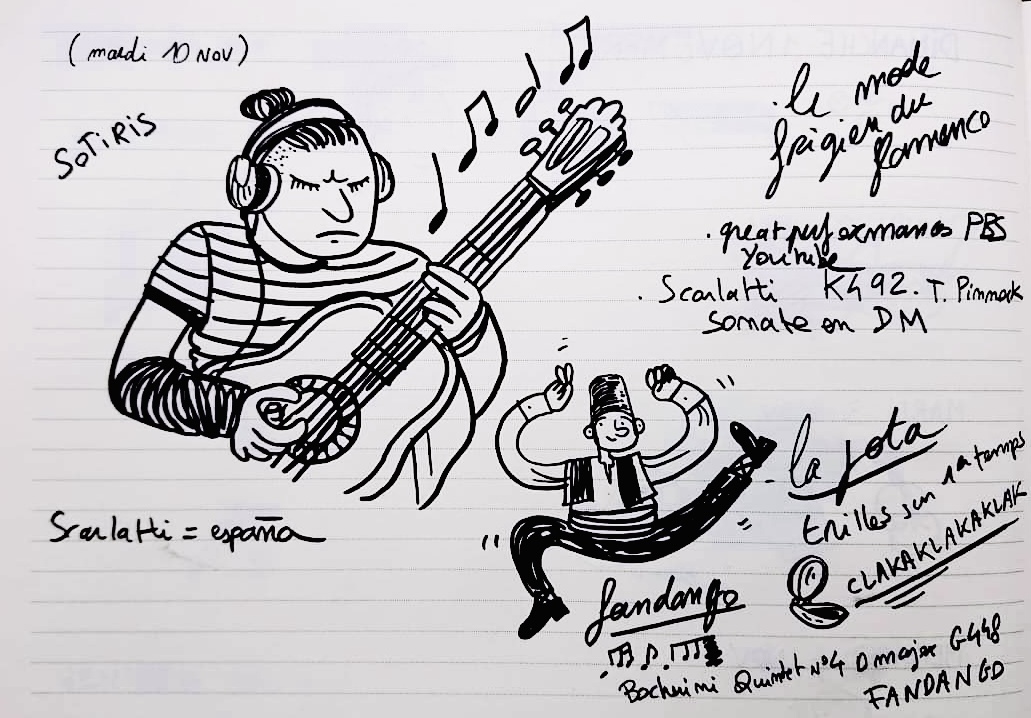 SotirisGuitar's tweet photo. 3 months ago I was invited to present Scarlatti and the Guitar through his sonatas in the Analysis class at @CnsmdParis . My friend PJ watched my presentation and was inspired enough (in my delight) to draw me and some highlights of the presentation!!! What an amazing gift❤️❤️❤️ https://t.co/jCDK1Kxcbq