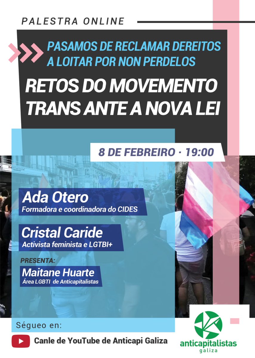 💙💗🤍💗💙
Este luns non vos perdades a palestra sobre os retos do movemento #trans ante a nova lei. 

Contaremos coa coordinadora do CIDES @AdaOteroH, a activista <a href="/cristalcaride/">Cristal Caride</a> e <a href="/HuarteMaitane/">Maitane Huarte</a> da área LGTBI de <a href="/anticapi/">Anticapitalistas</a>.

Podes seguilo aquí 👇 

m.youtube.com/channel/UCpt_t…