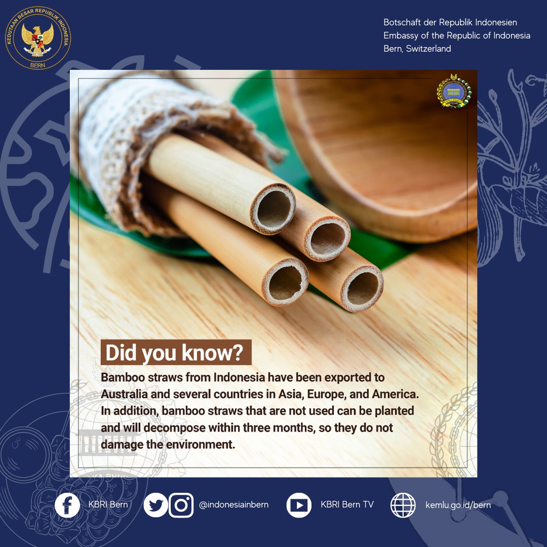 3. Umweltfreundliche Bambusstrohhalme aus Indonesien sind nicht nur in Indonesien, sondern auch im Ausland gefragt. 
#IniDiplomasi #RintisKemajuan #IndonesianExport
#IndonesianProduct #bamboostraws #indonesischeprodukte #bambusstrohhalme