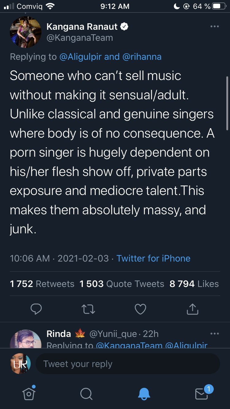 Ultimate Rihanna on X: @KanganaTeam also explained her term “porn singer”  and put emphasis on Rihanna not being able to sell music “without making it  sensualadult”. However the replies on her own