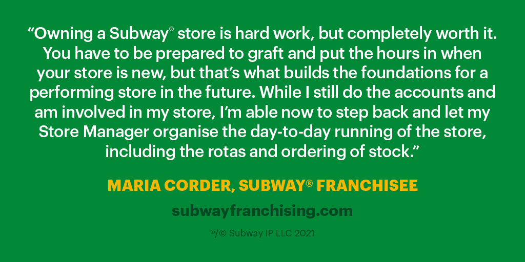 Maria believes that having a Subway store in a non-traditional location, such as a convenience store, was a good way to ease into owning a stand-alone store.

Read more franchisee success stories here: bit.ly/SubwayCaseStud…

#Subway #Franchising #BeYourOwnBoss