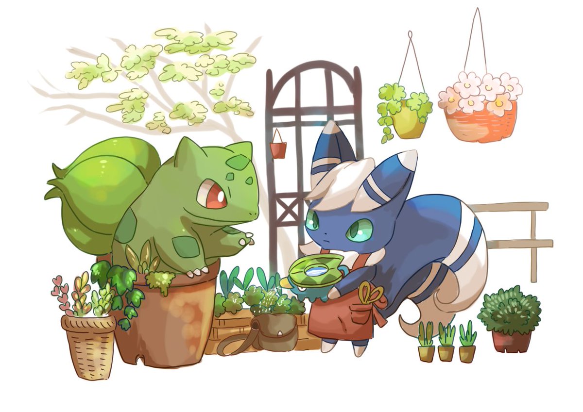 pokemon (creature) no humans red eyes potted plant watering can plant white pupils  illustration images