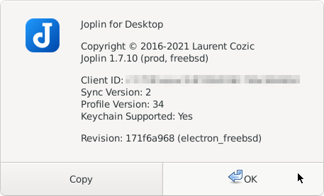 genneko217's tweet photo. Finally I could have made a long-jump upgrade of @joplinapp from 1.0.233 to 1.7.10 on my FreeBSD box, thanks to the recent development of electron ports for FreeBSD. https://t.co/LBdTyKu8ka