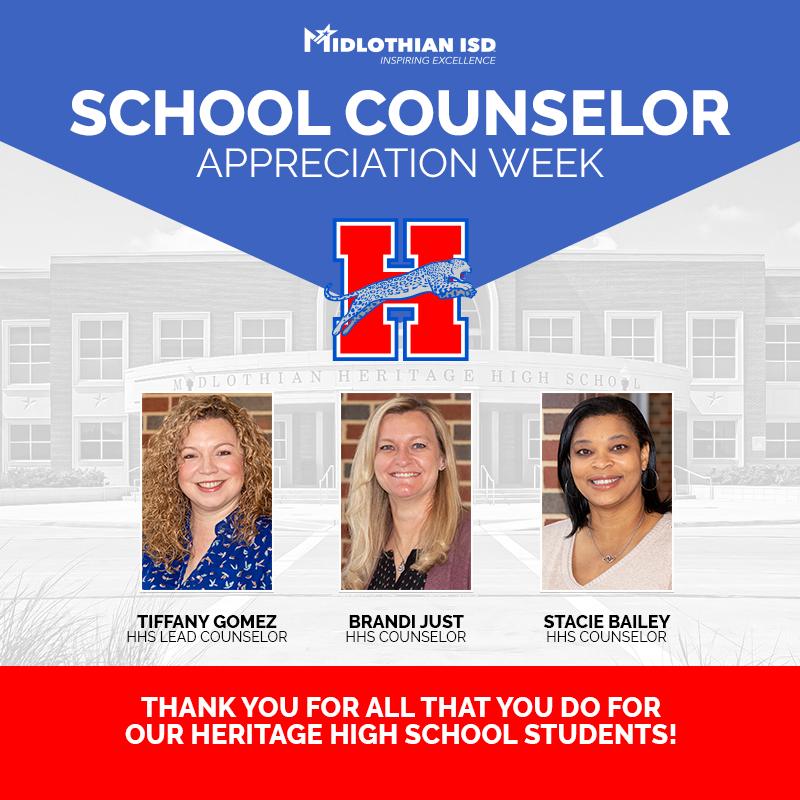 MidlothianISD's tweet photo. Our Heritage High School counselors have built strong connections with countless students and have helped our Jags through life's peaks and valleys. They truly love all of our Jaguars and are a joy to have on our Heritage Team! #MISDProud #NSCW21 https://t.co/dBIxu3RKdo