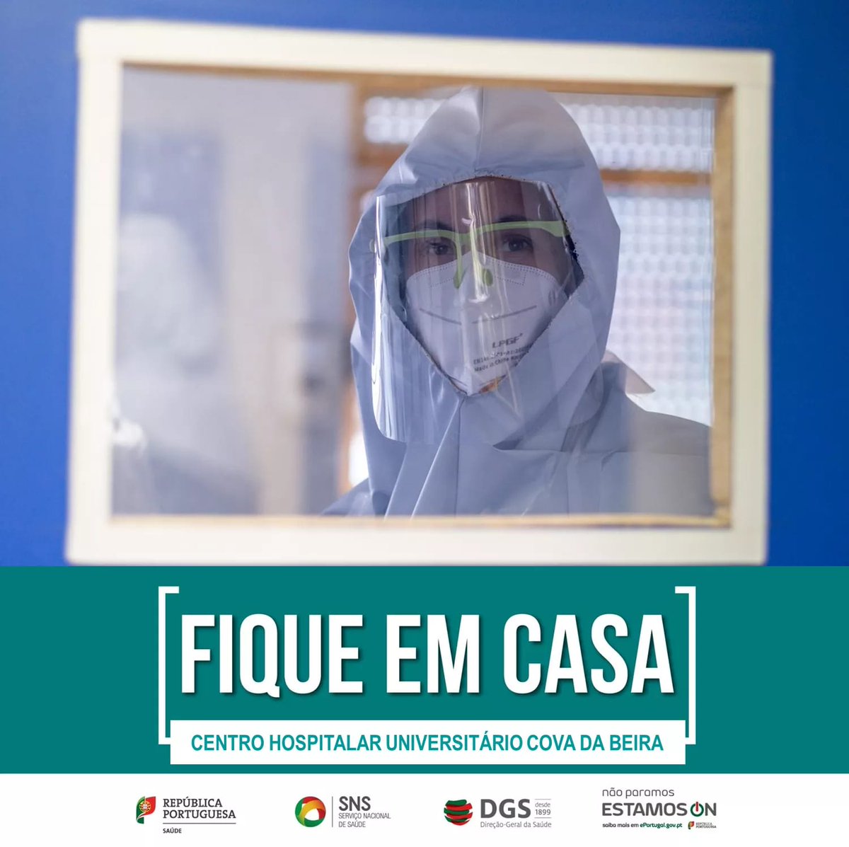 DGSaude's tweet photo. Confinar é ficar em casa. Ficar em casa é proteger a sua saúde e o trabalho dos profissionais de saúde, como os do Centro Hospitalar Universitário Cova da Beira. Respeite as regras. Fique em casa! #Saúde #SNS #COVID19PT #estamoson #fiqueemcasa https://t.co/qolLICd21b
