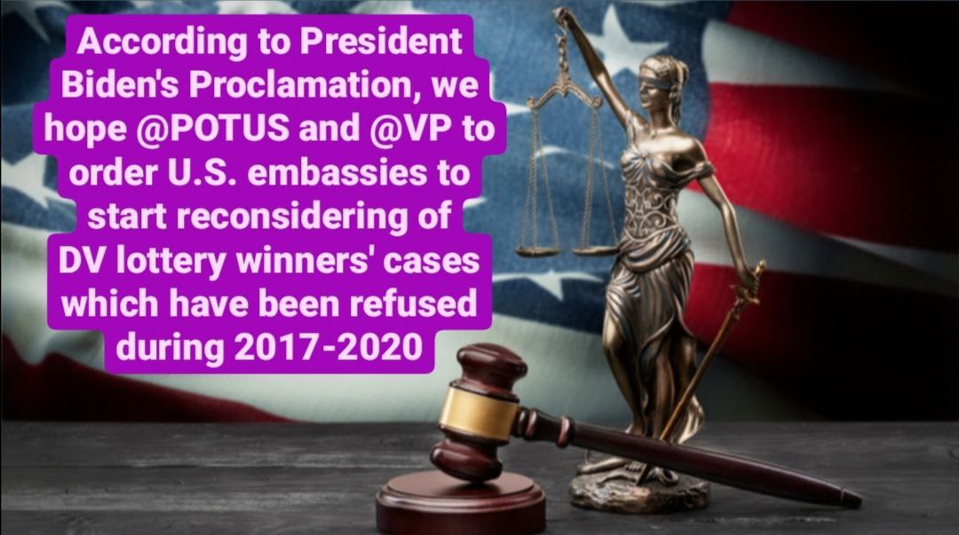 maryam_kh53's tweet photo. According to President Biden's Proclamation, we hope @POTUS and @VP to order U.S. embassies to start reconsidering of #dv_Lottery winners' cases which have been refused during 2017-2020
#muslimban
@USCIS
@USAdarFarsi
@StateDept
@SecBlinken
@ashleytabaddor
@AP
@Ckuck https://t.co/yix9NO1aMf