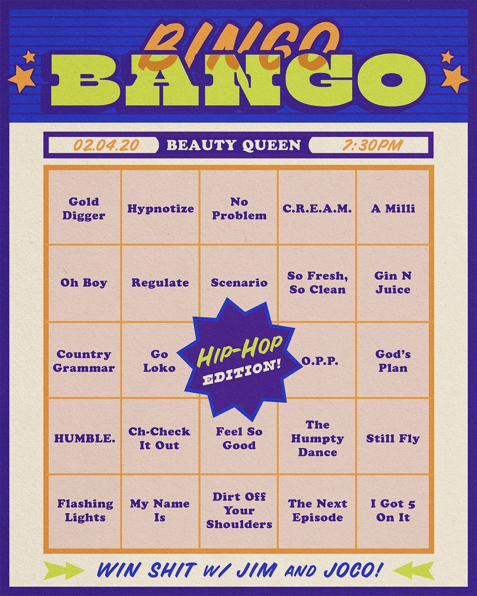 Win shit with <a href="/jim_oshea/">Jim O'Shea</a> &amp; joco at Bingo Bango - #hiphop edition in Beauty Queen tonight 7:30–10!