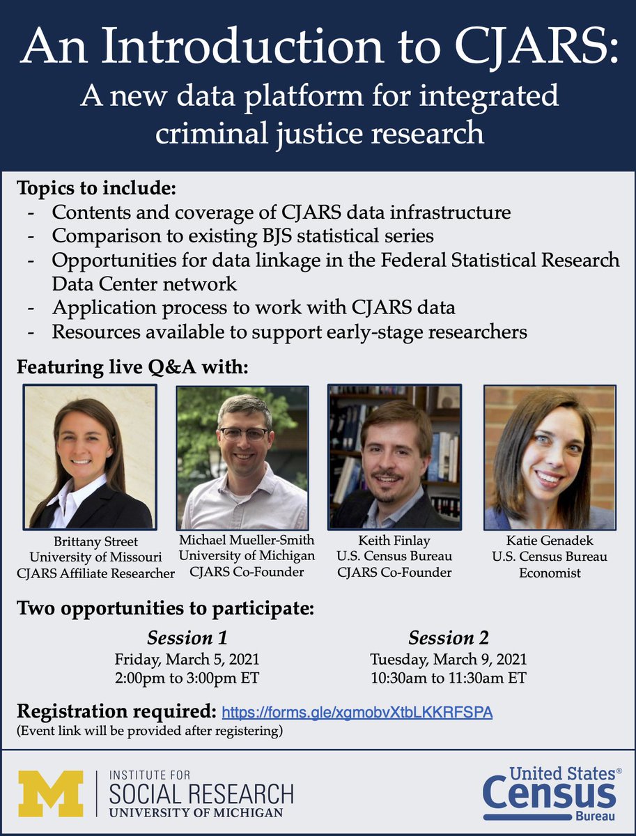What is CJARS? How can I access it? What can I do with it?

Come learn about the newest innovation in CJ data infrastructure during the CJARS launch webinars on March 5 and 9! Featuring <a href="/brittanyrstreet/">Brittany Street</a>, <a href="/Econ_Mike/">Mike Mueller-Smith 🏳️‍🌈</a>, Keith Finlay, and <a href="/katiegenadek/">Katie Genadek</a>.

Registration information below