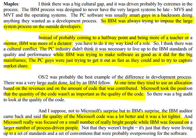 6/ On cultural gap between IBM and Microsoft "while IBM was trying to make software as good as it did for the big mainframes; The PC guys were just trying to get it out as fast as they could and to try to capture market share"