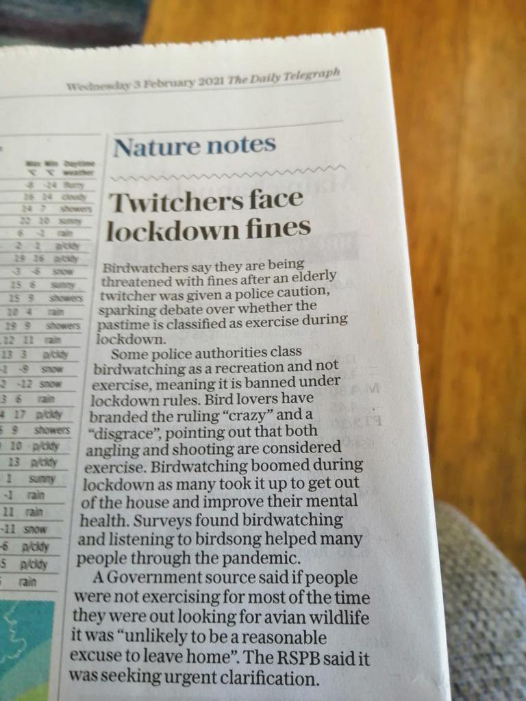 How is possible to go hunting or fishing yet it’s against the rules to go birding?

On a lesser note, why does the media still insist on calling anyone with binoculars a Twitcher? 

Lazy journalism &amp; pro-hunting government. 

<a href="/Telegraph/">The Telegraph</a> <a href="/BorisJohnson/">Boris Johnson</a>
