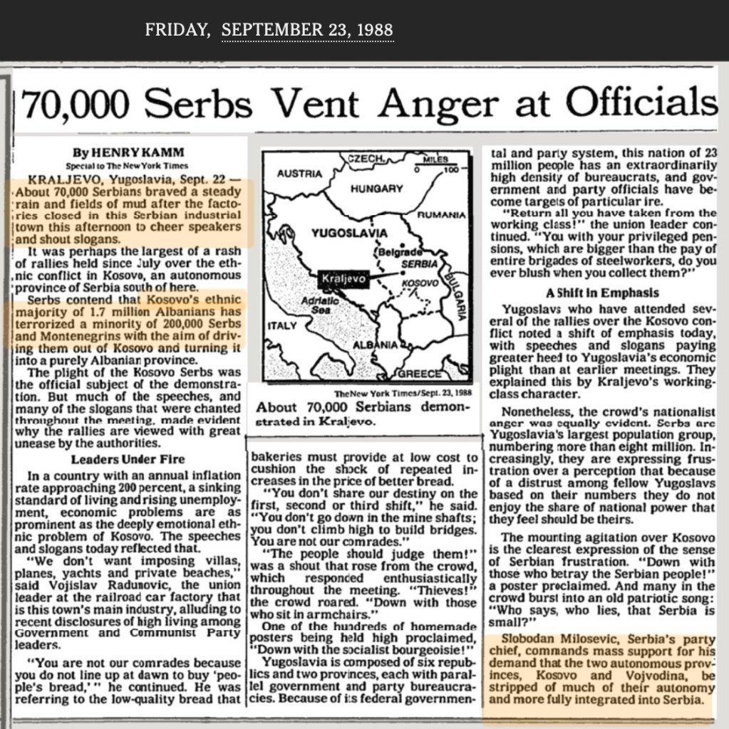 Sept 23rd, 1998 New York Times article titled: "70,000 Serbs Vent Anger at Officials".The article covers the inflation concerns plaguing Yugoslavia and Milosevic's party chief demanding the reduction of Vojvodina's and Kosovo's autonomy.