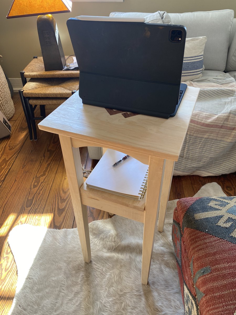 5/ similar w a barstool of 28" or 29". But I wanted something purpose-built, enough space on the top to accommodate different tech set ups and a small platform beneath for a writing tablet or a drink or a pen just beneath the platform. I'd noticed she had workarounds for that.