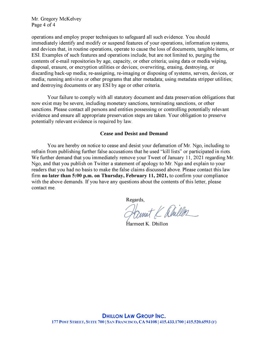 MrAndyNgo's tweet image. .@GregoryMcKelvey, on 11 Jan., 2021, you shockingly accused me of perpetrating crimes, including submitting lists of people to be assassinated. You are hereby on notice by my counsel, @dhillonlaw, to cease and retract your defamation, and to issue a statement of apology.