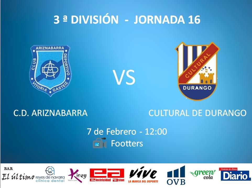 | Tercera |

El duelo contra la <a href="/SCDDurango/">Cultural de Durango</a> que se disputará este domingo a partir de las 12:00 ,será televisado por <a href="/footters/">footters _</a> . 

#aupaariz #Vive #kirey #ovb #reyesnavarra #greencola #Astan #elultimo