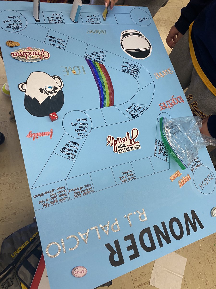 MissSoldano's tweet photo. After reading Wonder, some 5th Grade superstars chose to make board games as their final project. Today, we play two wonder trivias, Wonder Candy Land, and Who Took Auggie’s Astronaut Helmet? Clue-Style game! @RJPalacio https://t.co/DJ8Mwv3ev3