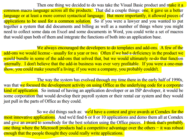 20/ On Visual Basic and fostering a hacker ecosystem"one thing where the Microsoft products had a competitive advantage over the others - it was robust enough that the people though they could really write applications"