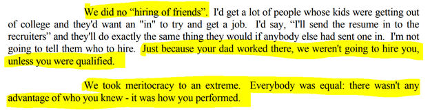 19/ On the meritocracy of hiring"We took meritocracy to an extreme. Everybody was equal: there wasn't any advantage of who you knew - it was how you performed"