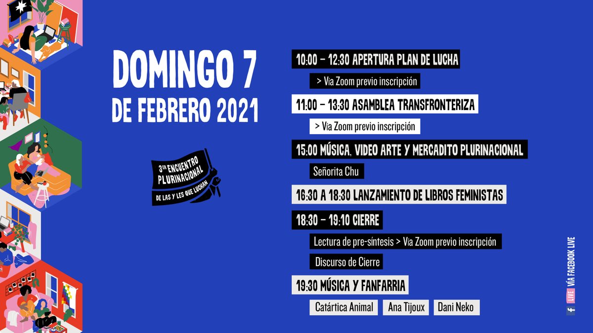 Coordinadora8m's tweet photo. 🔴Programación: 3º Encuentro Plurinacional de las y les que luchan 2021
Les dejamos el programa de actividades de discusión y culturales que ocurrirán este 5,6 y 7 de febrero. 
El mail de confirmación y detalles de inscripción llegará a sus correos hoy en la noche. https://t.co/vfHnCH8X0b