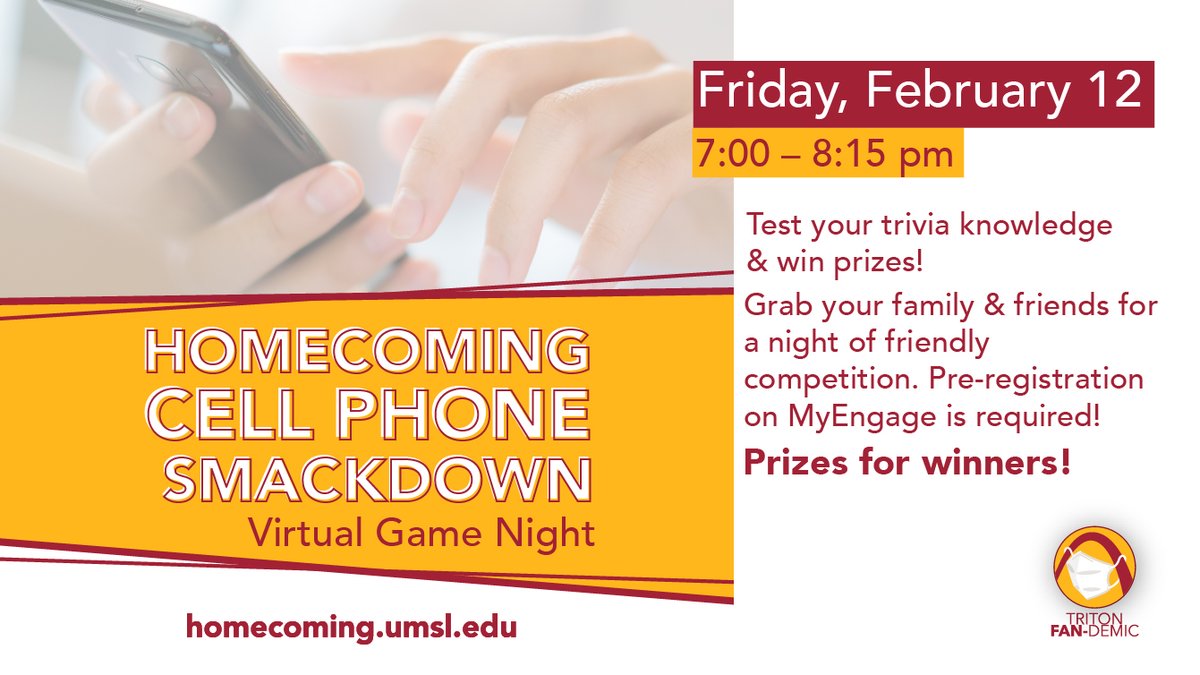 Let’s put our brains to the ultimate test in this Cell Phone Smackdown trivia night. Be sure to RSVP on MyEngage to be entered into this competition. There will be a prize given to the overall winner! This is a kid-friendly event, so feel free to bring them along!