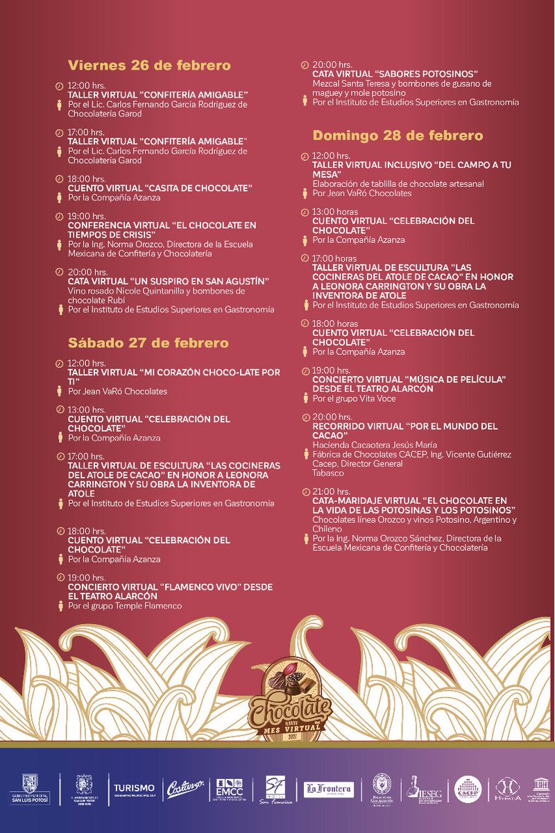 Turismo_SLP's tweet photo. #QuedateEnCasaCuidate 🏠damos a conocer el programa del "Mes virtual del Chocolate 2021" 🍫🍫 nos vemos por facebook Turismo Municipal SLP, el @SLPMunicipio y @Turismo_SLP invitan Agradecemos a Club @UNESCOMexico Hypatia @CostanzoOficial @chocolafrontera, EMCC y @iesegastronomia https://t.co/3DpxVqpKQH