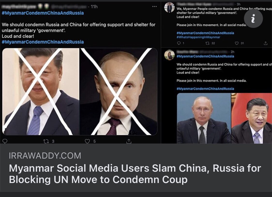 Shame on you China and Russia!
You supported offer and shelter to military coup!
We want democracy!
We want justice!
#HearTheVoiceOfMyanmar 
#RespectOursVotes