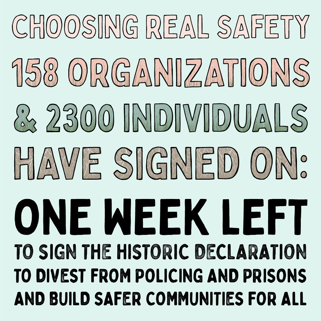 letstalkjails's tweet photo. Choosing Real Safety:
158 organizations & 2300 individuals have signed on!
There is ONE WEEK LEFT to sign the historic declaration to divest from policing and prisons and build safer communities for all.
Please sign and share:
https://t.co/dnqPzUQ0fM https://t.co/ziAqysovra