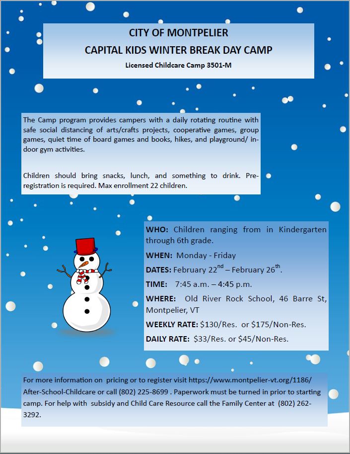 MontpelierREC's tweet photo. PARENTS/GUARDIANS: February Break Day Camp! During your child's winter vacation give yourself a break. Sign them up to join our awesome day camp! The child can come for the week or come for a day, up to you! Check out the flyer attached or visit https://t.co/MXnuOMd0Ji https://t.co/D7LazDWiYB