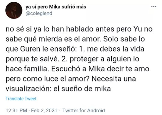 Pero pensemos un poco en porque Yuichiro confia de tal forma aun cuando fue el coronel quien hizo explotar a Mika en primer lugar, bueno, para esto me basare en la publicación: