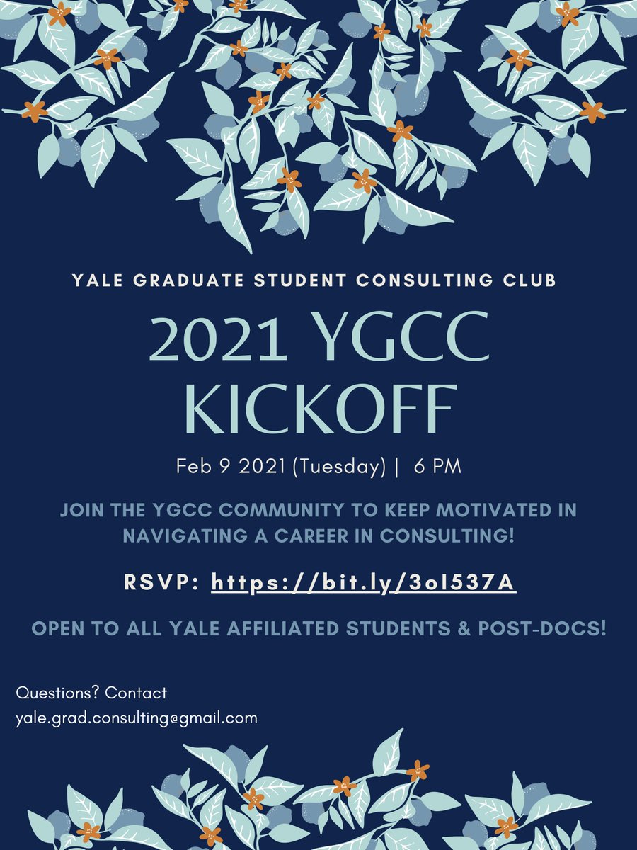 YGCC 2021 Kickoff meeting is at 6 pm on 2/9 (Tuesday)!

We will introduce you to consulting and the new YGCC 2021 leadership team, and layout the yearly plan of workshops and events.

Join us now and register using this link!
bit.ly/3oI537A