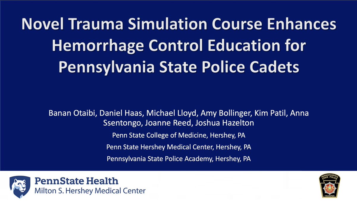 Excited to give my first presentation today: Simulation-based training enhances confidence of PA State Police in hemorrhage control measures #ASC2021

Honored to present our work, thank you for the opportunity @AcademicSurgery! And thank you @drjphazelton for your mentorship!
