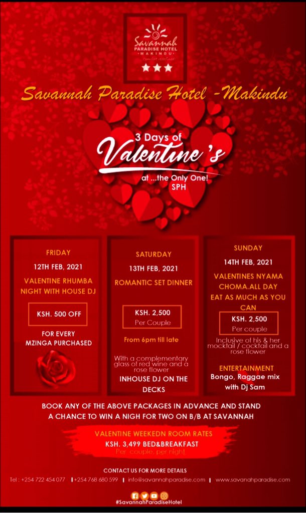 Valentine is here again and you don’t wana miss what we have for you.
💝
-
-

12th, 13th and 14th Feb
-
-
Accommodation offer -Ksh.2,899 Bed&Breakfast.

#valentine #febdeals #love