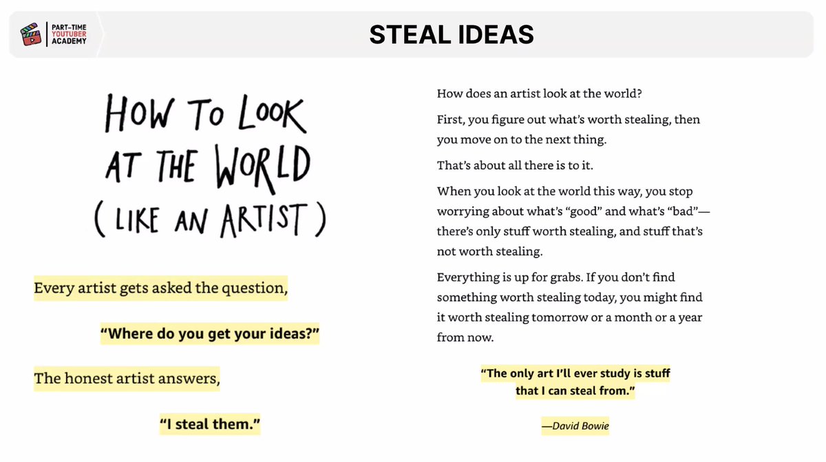 This is a lovely collection of quotes from  @AliAbdaal.1) "The only art I'll ever study is stuff that I can steal from." — David Bowie2) "If we're free from the burden of trying to make something completely original... we can embrace influence instead of running away from it."