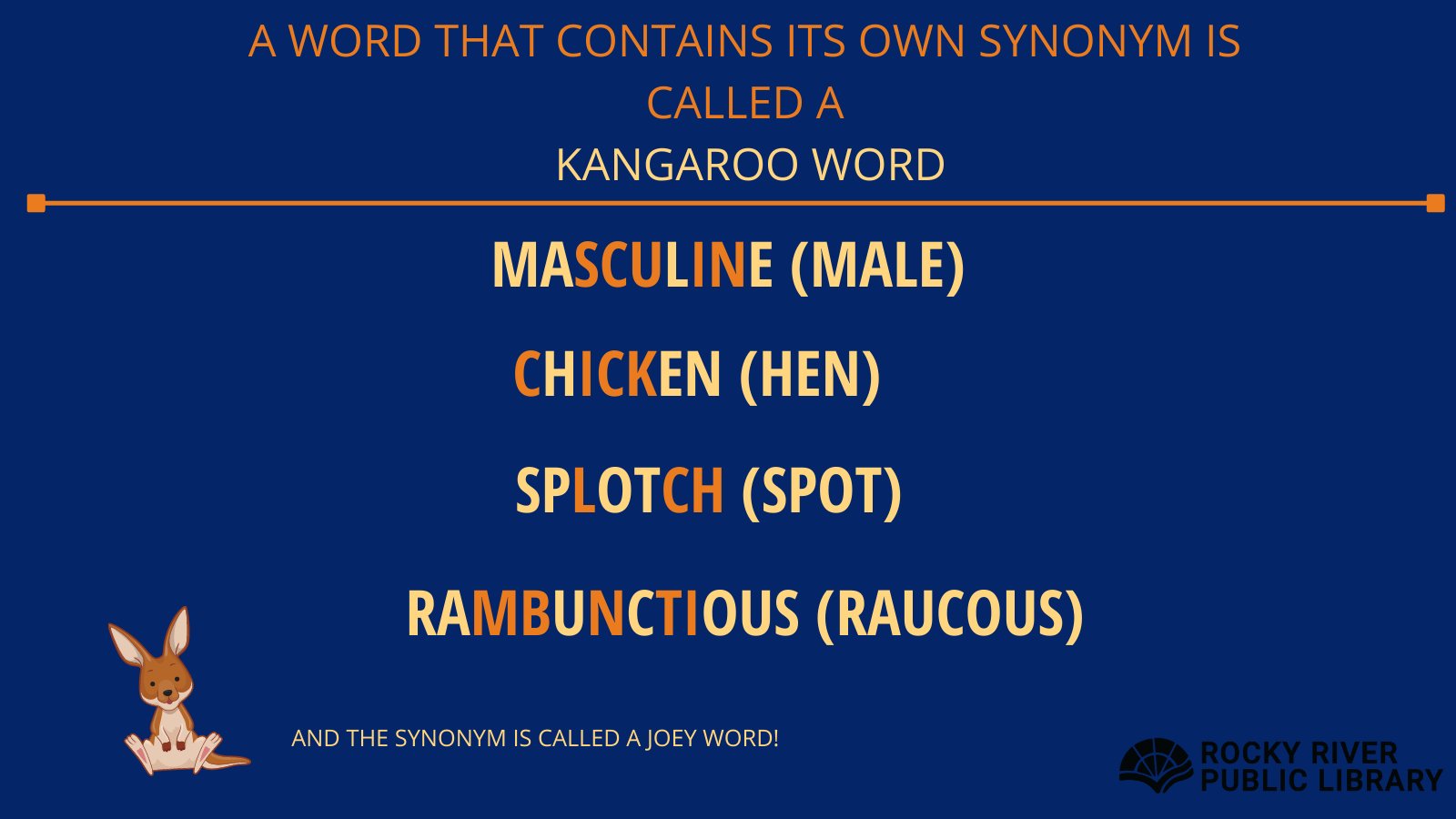 Rocky River Public Library on X: Can you find the joeys in these kangaroo  words? GIGANTIC ALONE CHOCOLATE Can you think of other kangaroo words?  #didyouknow #kangaroowords #words #synonyms #RRPL  /