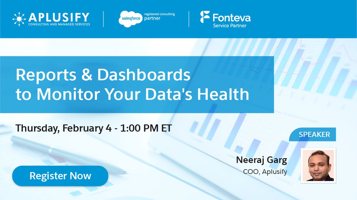 aplusifyllc's tweet image. Watch our COO Neeraj in Aplusify’s webinar on “Data Health Check” live today at 1:00 PM ET where he would talk about #salesforcereports &amp;amp; dashboards that help in monitoring bad data in your #Salesforce org.

Last call for registration!

Register now: rb.gy/gcdnnb