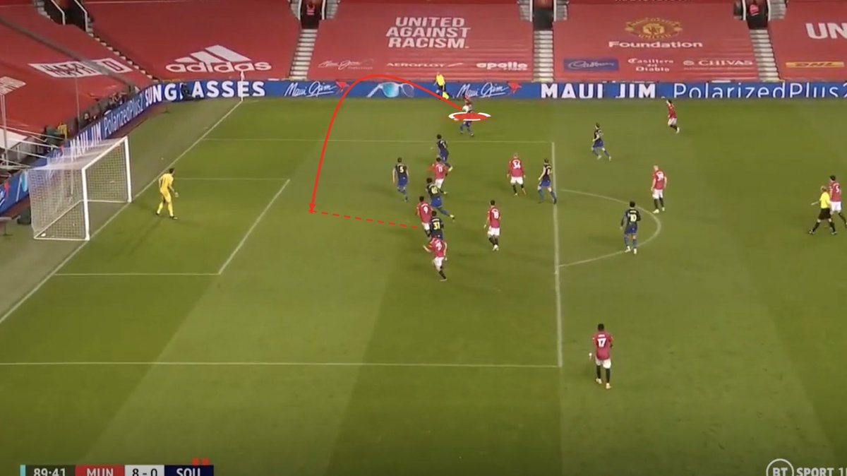 We can see two different  #MUFC can utilize AWB for penalty box entries:(A) Pushing forward, beating the front post defenders with an excellent low driven cross to Cavani.(B) Finding him when positioned out wide — and again, acting as a direct threat using his crosses.