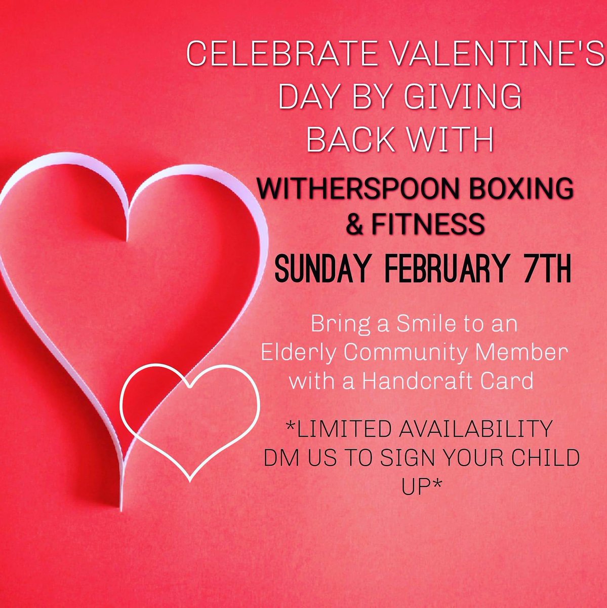 WS_Boxing's tweet photo. Sign your child up to help create handcrafted Valentine's Day cards for our elderly community. We're nothing without our community and especially those who came before us. Help us to spread the love this Valentine's Day❤ #witherspoonboxing #valentinesday #community https://t.co/b05oQZTMRD