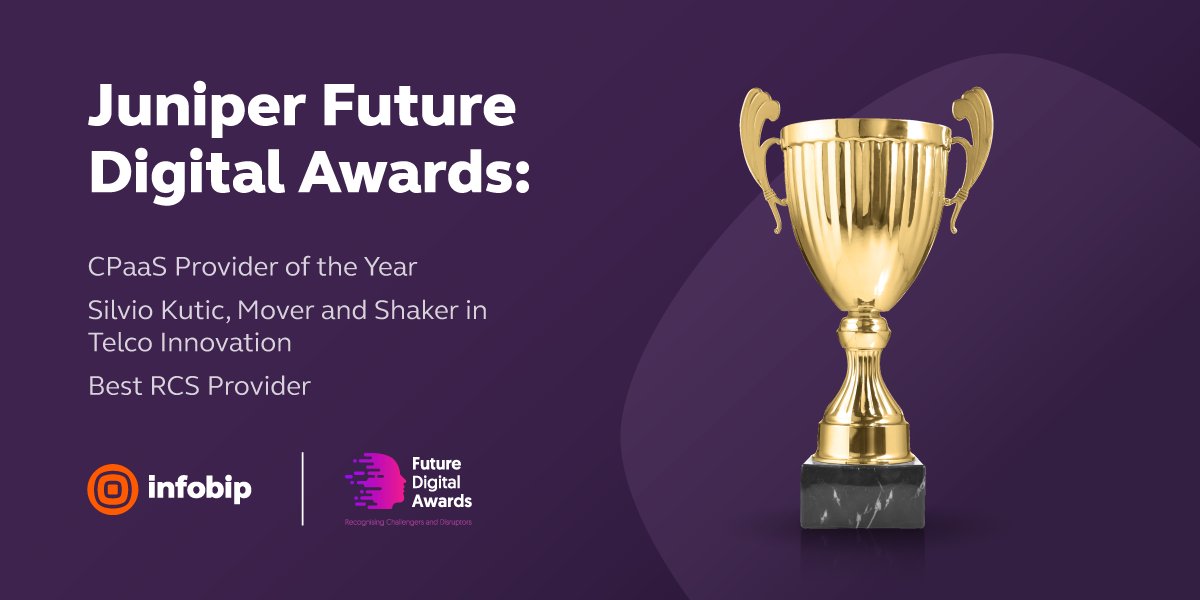 Infobip's tweet photo. Happy to announce we were named the Best #CPaaS Provider and the Best #RCS Provider at this year's #JuniperFutureDigitalAwards - with our CEO Silvio Kutic pronounced the #Telco #Innovation Mover &amp; Shaker! 😎 https://t.co/br2ezniPtp

#WorldsConnected https://t.co/aSnlZ30eX8