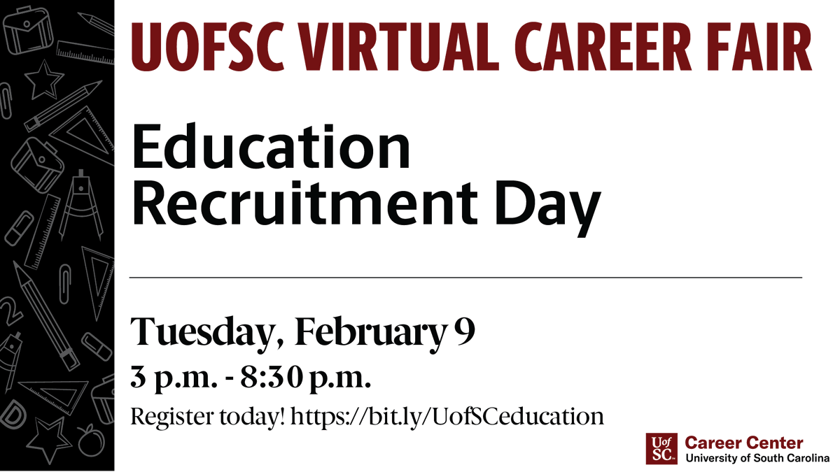 UofSCEducation's tweet photo. Next Tuesday is Education Recruitment Day, hosted by @UofSCCareers! Sign up for virtual 1:1 or group sessions with employers from 3 p.m to 8:30 p.m. at https://t.co/t3aBKGXahz https://t.co/Sh79lNbuoo
