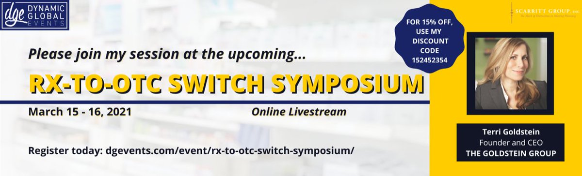 Founder and CEO, Terri Goldstein will be adding her unique design expertise to the Rx-to-OTC Switch Symposium this March! Use code 152452354 for 15% off registration. #DGEvents #OTC 
For more information and to sign up visit: 
dgevents.com/event/rx-to-ot….