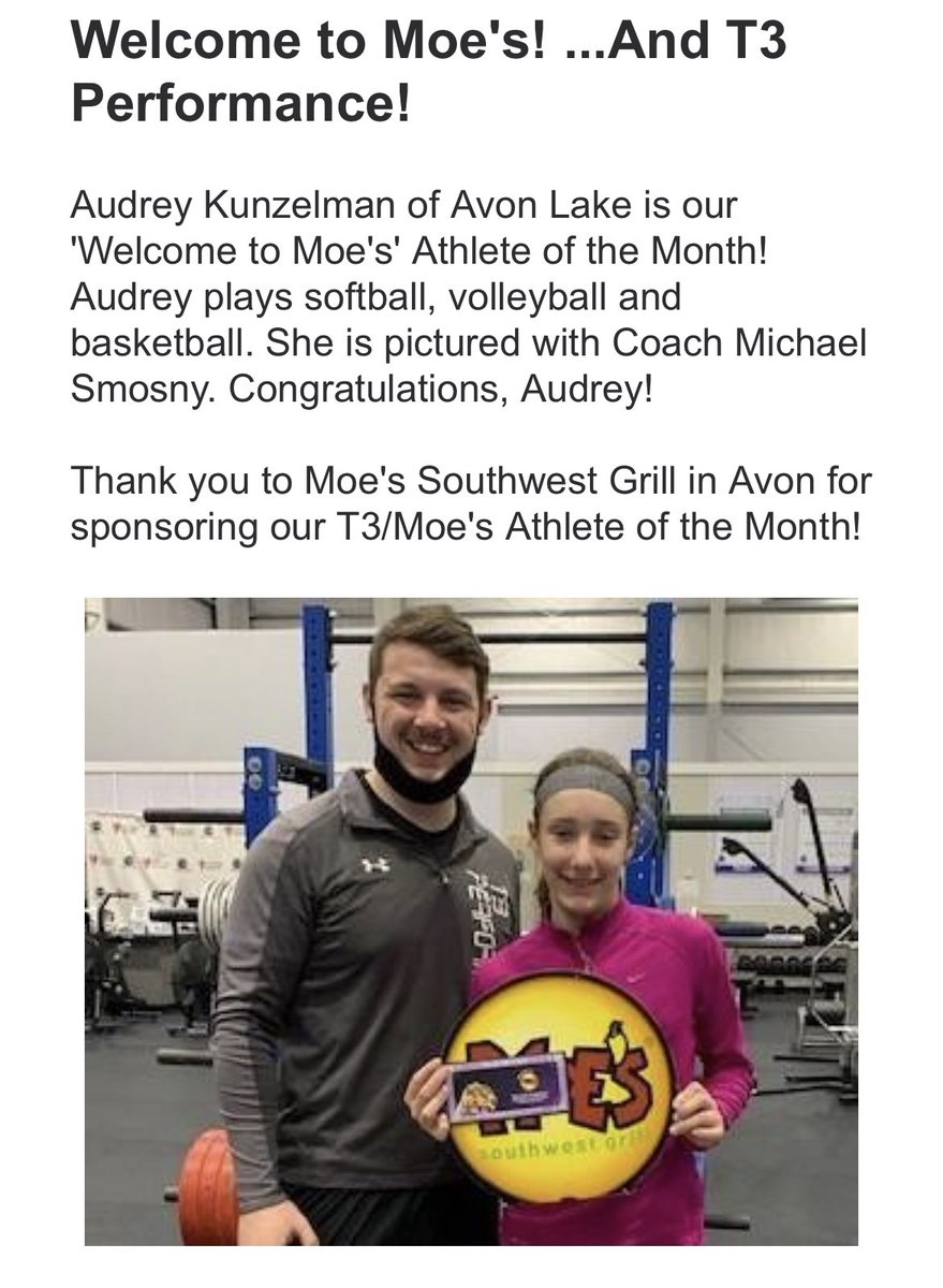 BradKunzelman's tweet photo. Audrey was excited to be named T3/Moe’s Athlete of the Month! Love having a place like T3 where kids want/ask to workout 💪#wortheverypenny Thank you @T3Performance1 @Moes_HQ @michael_smosny https://t.co/u8kS9nIYnc