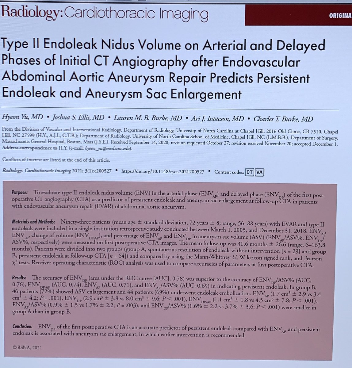 UNCVIR (@virtarheels) on Twitter photo Congrats to <a href="/HyeonYu2/">Hyeon Yu</a> on the publication of this paper in <a href="/radiology_rsna/">Radiology</a> CT Imaging describing predictive value of endoleak nidus volume on CT for persistent endoleak. (That was a mouthful!) <a href="/UNCRadiology/">UNC Radiology</a> <a href="/CharlesBurkeMD/">Charles Burke</a> <a href="/UNCRadRes/">UNC Radiology Residency</a> <a href="/UNC_Health_Care/">UNC Health</a> <a href="/UNCVascular/">UNC Vascular Surgery</a> Congrats to <a href="/HyeonYu2/">Hyeon Yu</a> on the publication of this paper in <a href="/radiology_rsna/">Radiology</a> CT Imaging describing predictive value of endoleak nidus volume on CT for persistent endoleak. (That was a mouthful!) <a href="/UNCRadiology/">UNC Radiology</a> <a href="/CharlesBurkeMD/">Charles Burke</a> <a href="/UNCRadRes/">UNC Radiology Residency</a> <a href="/UNC_Health_Care/">UNC Health</a> <a href="/UNCVascular/">UNC Vascular Surgery</a>