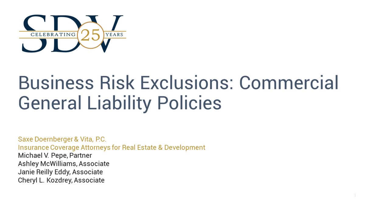 SDVLaw's tweet photo. Check out the latest installment of the Real Estate &amp; Development Insurance Coverage group’s informational video series, “Business Risk Exclusions: Commercial General Liability Policies.” >> https://t.co/wEGs9r2cKX
#realestate #insurance #businessrisk #liabilityinsurance #sdvlaw https://t.co/RZxv8CWUjo